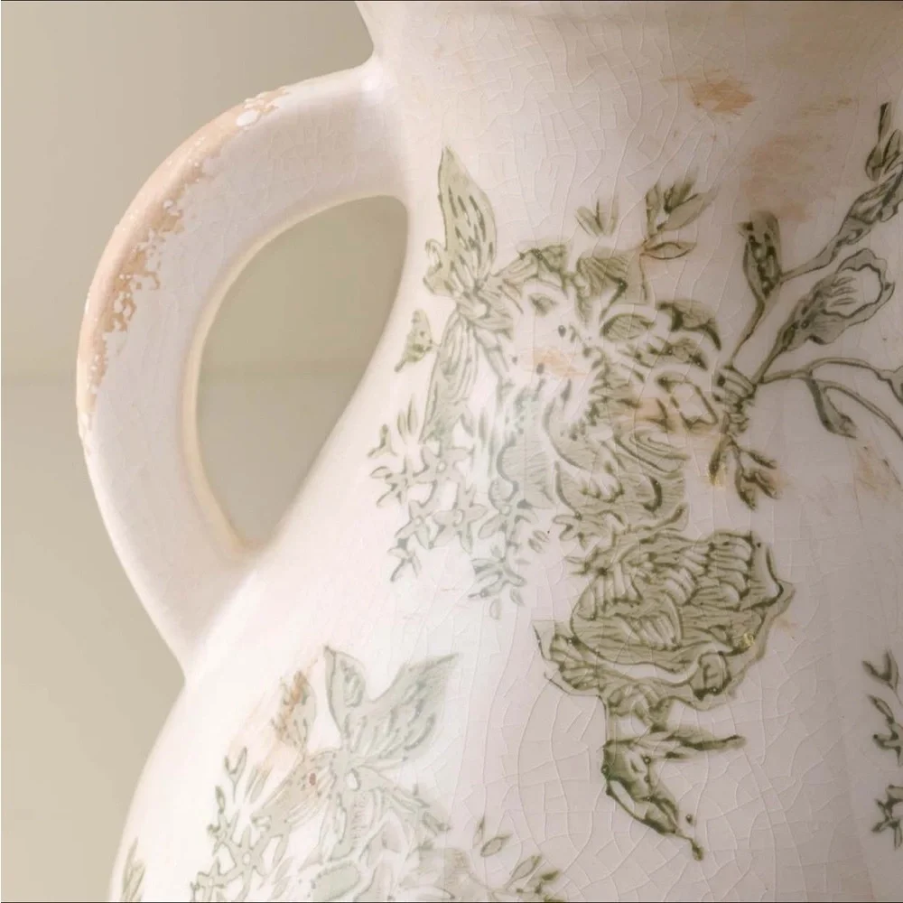 Distressed Floral Vase with Handles - Magnolia